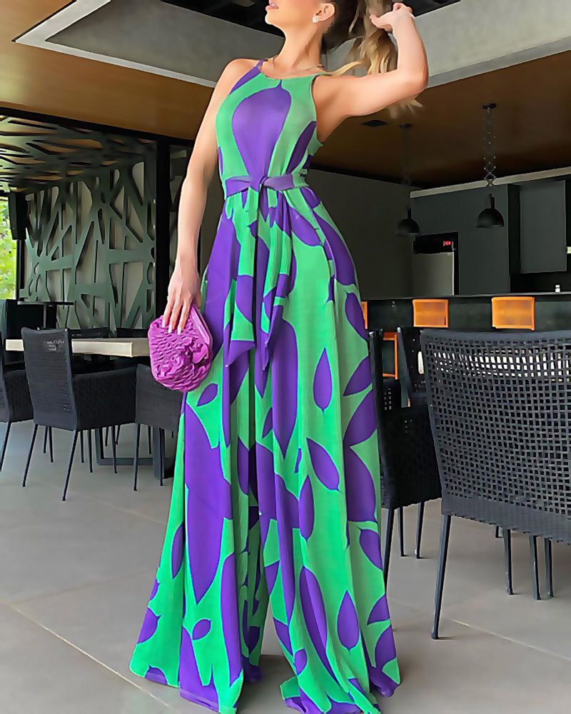 Women's Clothing Spring Temperament Commuting Sleeveless Large Swing Sling Type Printed Green High Waist Bodysuit_voghion.com