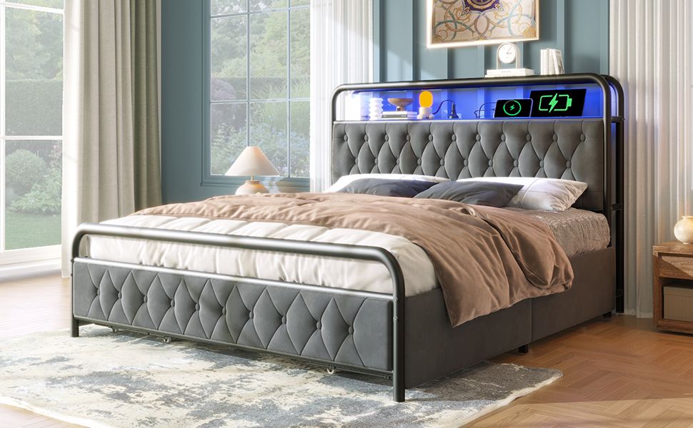 Lit double avec chargement USB Type-C, cadre de lit LED contrôlé par application, cadre de lit en métal 140 x 200 cm avec 4 tiroirs, revêtement en velours (matelas non inclus)_voghion.com