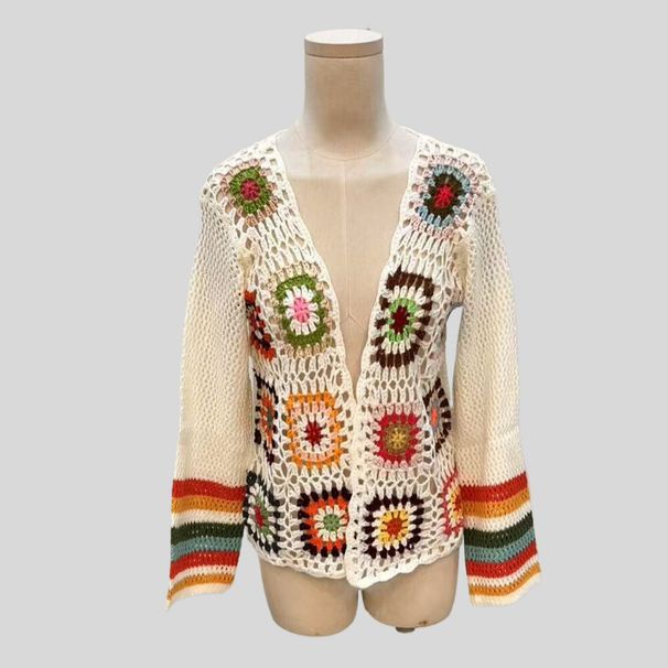 Boho Gehäkelter Regenbogen Cardigan - Handgemachter Spitzenstrickpullover mit Farbblock-Design, Langarm offener Front Oversized Pullover für Frauen_voghion.com