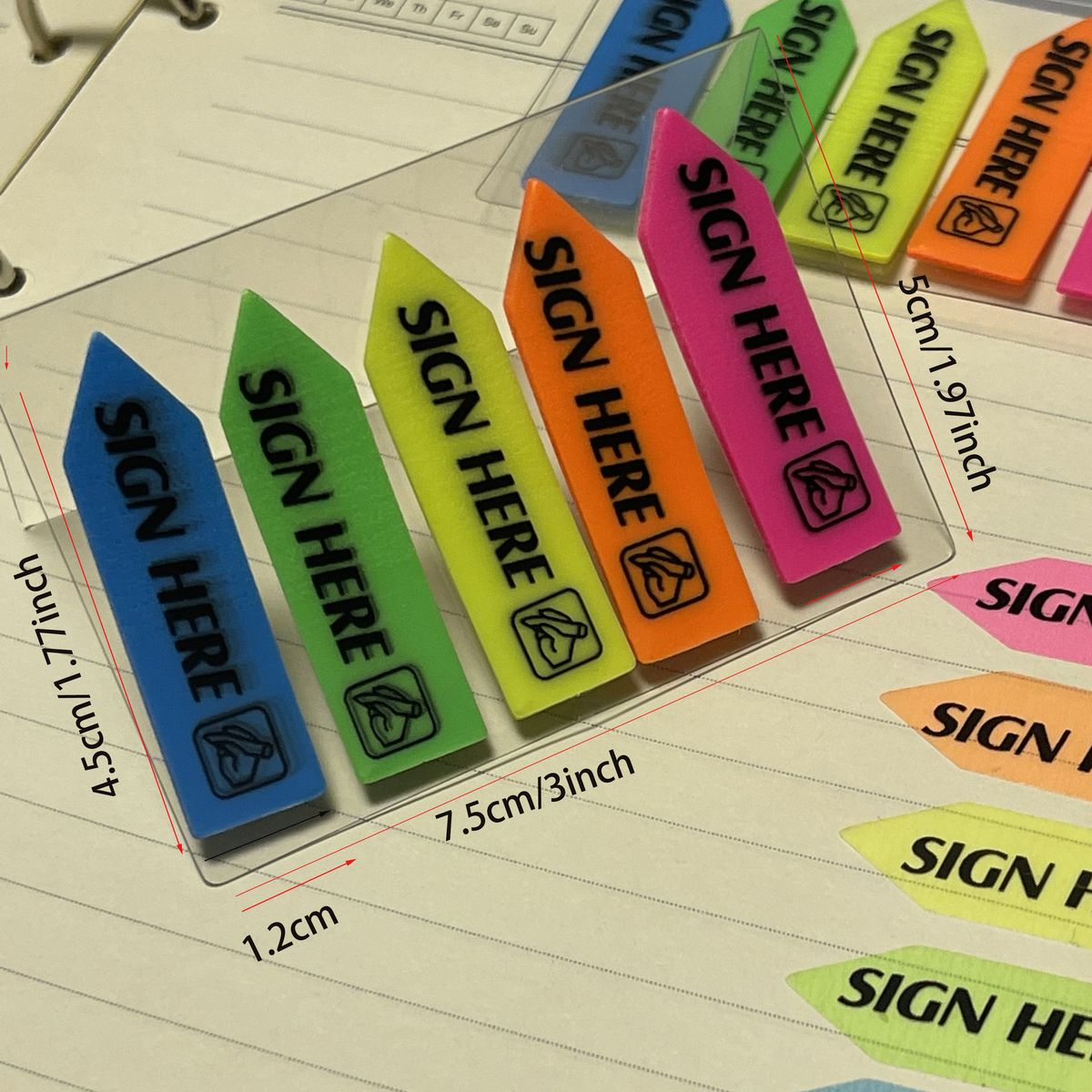 Fluorescencyjne karteczki samoprzylepne ze strzałkami – 100/300/500 arkuszy, samoprzylepne zakładki PET/BOPP do umów, dokumentów i teczek (5 kolorów, 4,5 x 1,2 cm)_voghion.com