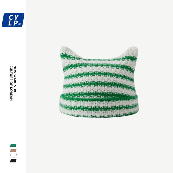Herbst und winter neue warme wolle kappe frauen süße katze ohren Koreanische mode gestreiften stricken kappe Net rot pullover kappe_voghion.com
