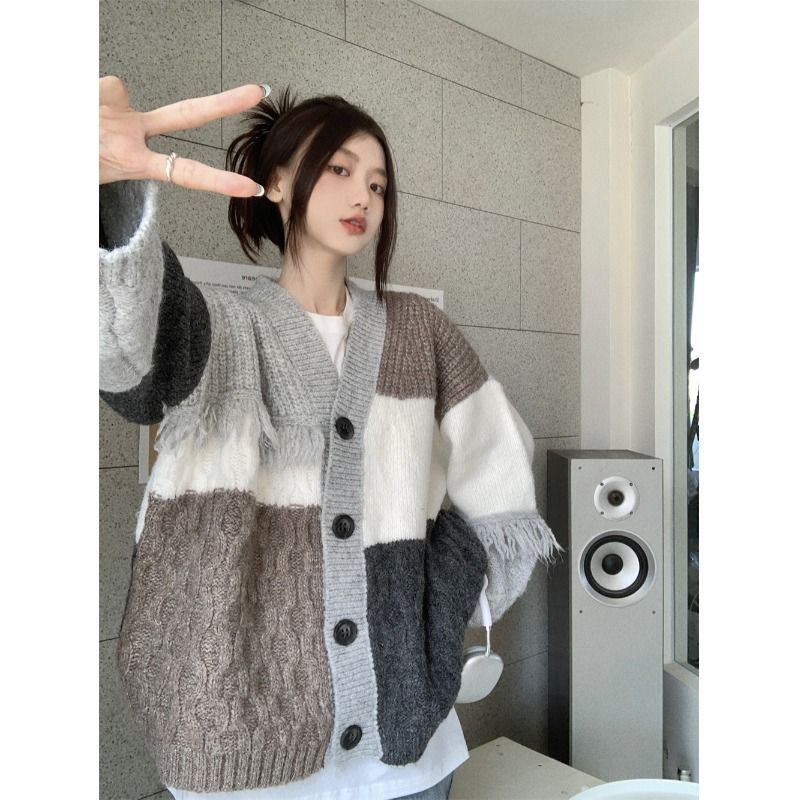 Cardigan lavorato a maglia con scollo a V e nappe per donna, maglione dolce e unico in stile coreano per autunno e inverno_voghion.com
