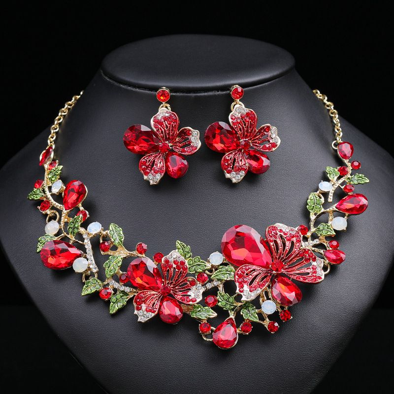Zweiteiliges Set aus Halskette und Ohrringen mit bunten Blumen, hochwertiges Design für Bräute, in mehreren Farben erhältlich_voghion.com