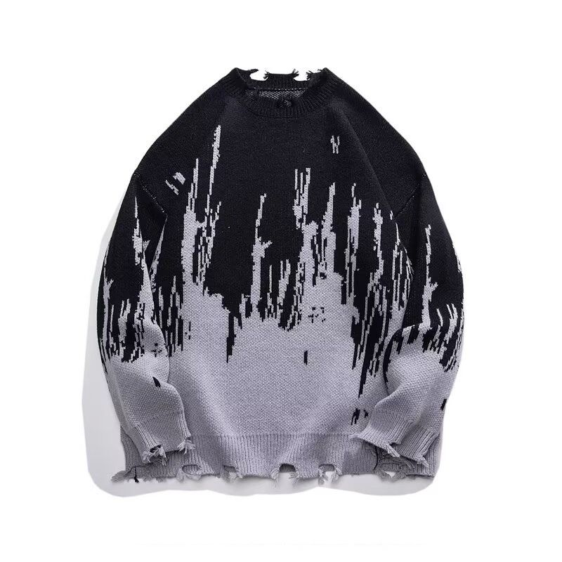 Men's Retro Knit Sweater – Oversized Casual Pullover With Tie-Dye Pattern (M-2XL, Black/Purple)_voghion.com