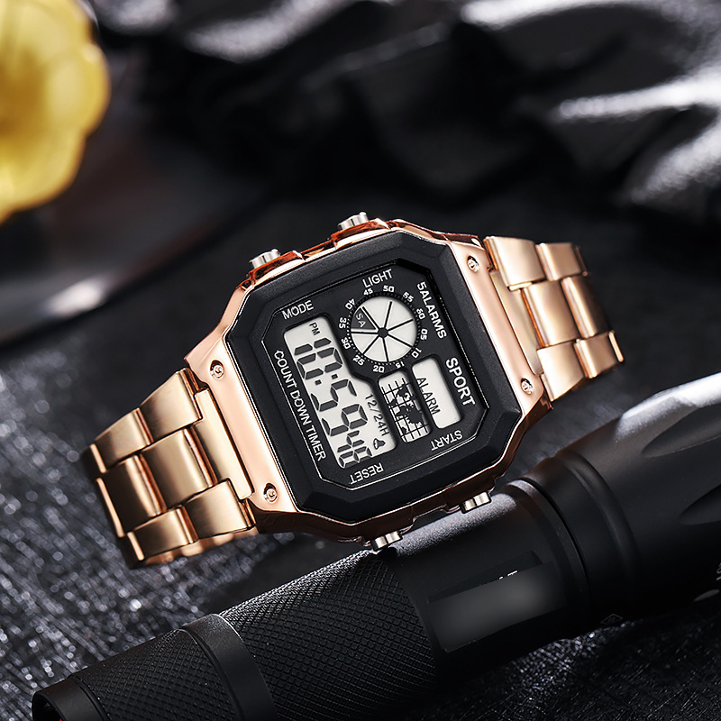 Orologio da uomo alla moda, orologio da studente adulto con cinturino in acciaio quadrato, orologio sportivo elettronico, luminoso al buio_voghion.com