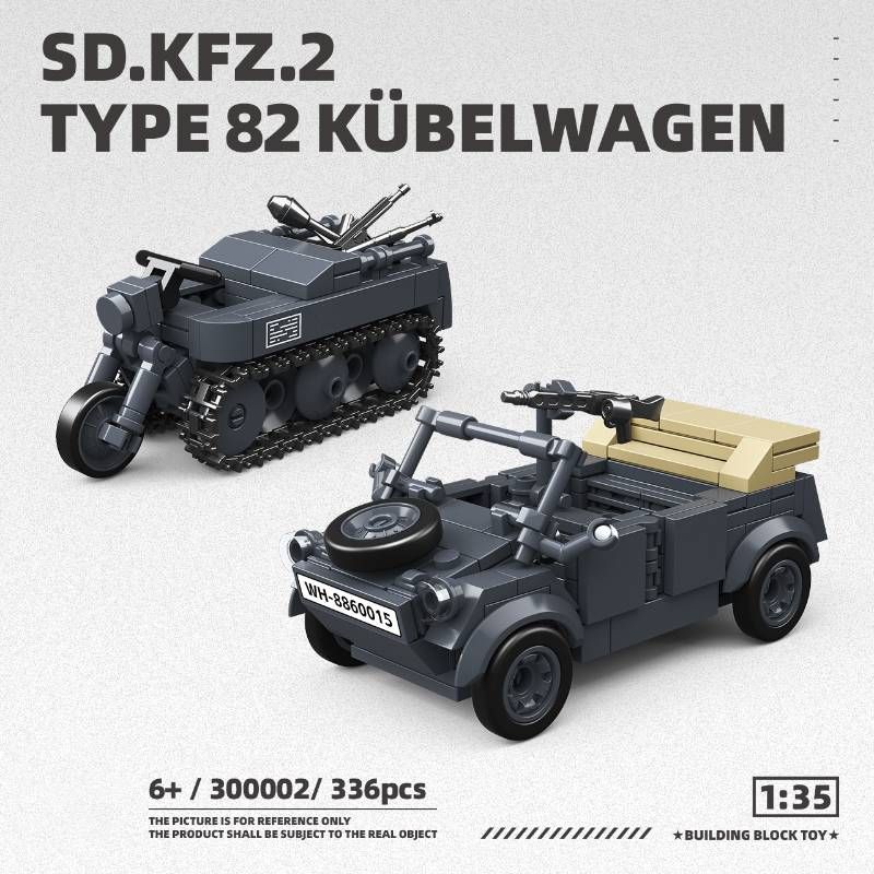 Juguete de bloques de construcción del modelo clásico militar del ejército de la Segunda Guerra Mundial, tipo 82 Kübelwagen y motocicleta semioruga Sd.Kfz.2._voghion.com