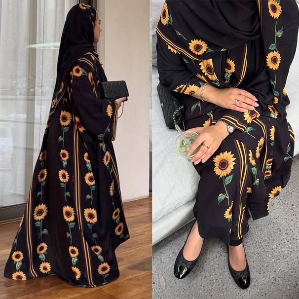 Abaya-Kleid mit Blumenmuster und passendem Schal – offener, langer Umhang im Dubai-Stil (Einheitsgröße, leichtes Polyester, dezente Streetwear)_voghion.com