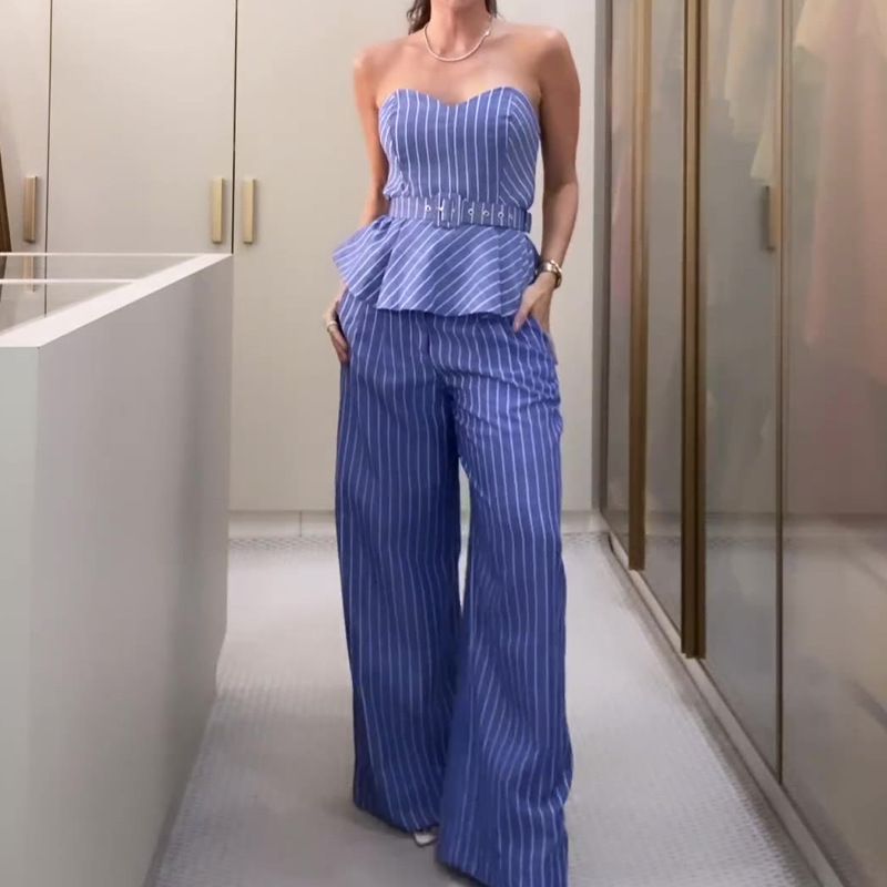 Costume d'été pour femmes, haut tubulaire imprimé à rayures et pantalons décontractés, nouvelle mode_voghion.com