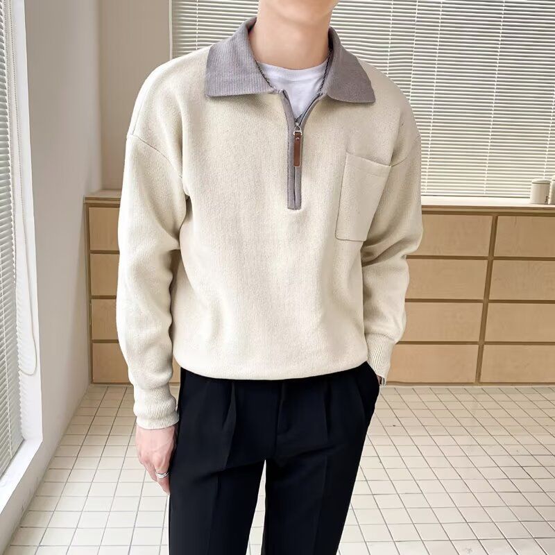 Half zip Knitted Sweater for Men in Spring and Autumn, New Fashionable Color Contrasting Sweater, Flip Collar, Casual_voghion.com