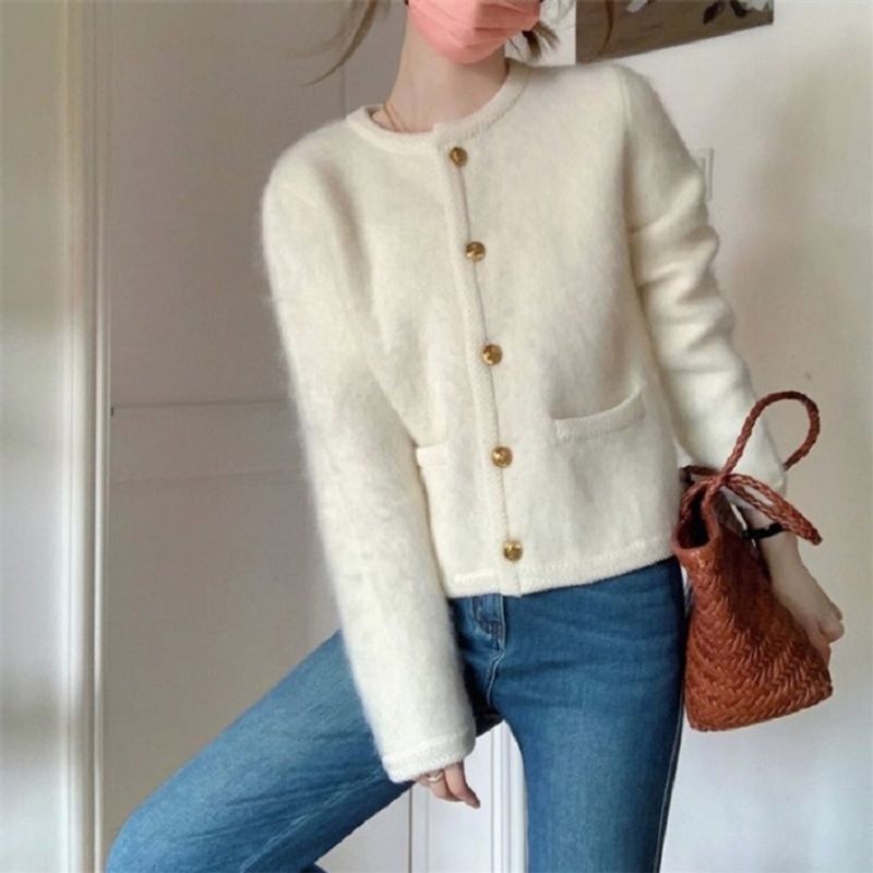 Damenbekleidung Schicke Kurzarm-Strickjacke aus Nerzimitat Lässiges, locker sitzendes Oberbekleidungsoberteil für den Frühling_voghion.com