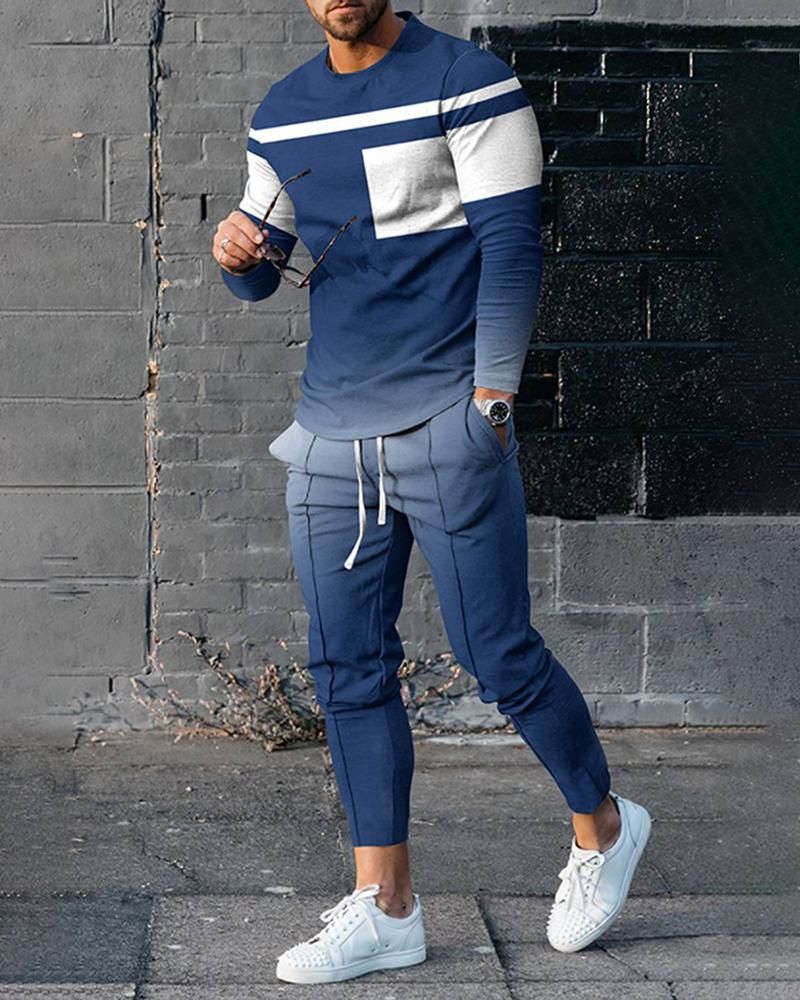 Yaz moda eşofman takımı erkekler için 2 parça kıyafet uzun kollu T gömlek pantolon pantolon Sweatpants spor takım elbise büyük boy_voghion.com