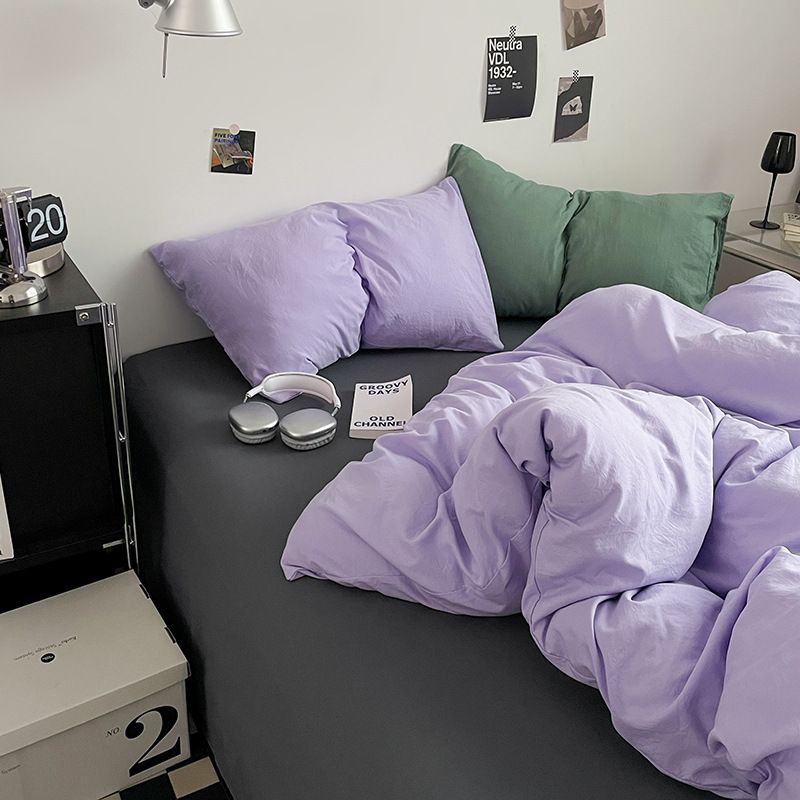 Minimalist Two-Tone Washed Cotton Bedding Set - Dopamine-Inspired Solid Color, Includes Fitted Sheet & Duvet Cover (3-Piece Set For Dorm Rooms)​​_voghion.com