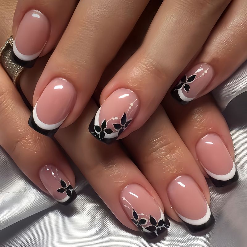 Chinese nails 24 pieces black French wear nails white stripes Chinese style flower design press on false nails_voghion.com