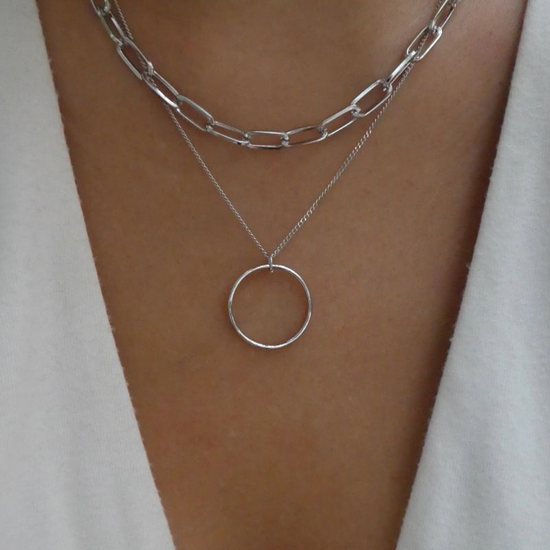 Colar de corrente com pingente, colar novo banhado a prata, círculo grosso, linha, multicamadas, colar socialite, moda, estilo de rua, personalidade, dupla camada_voghion.com