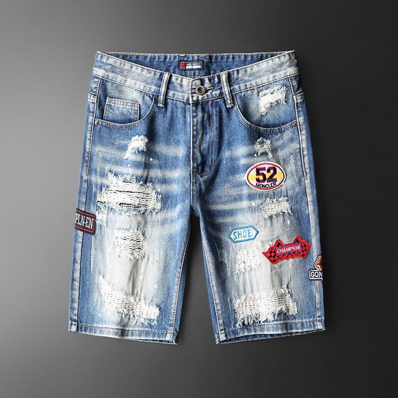 European station patch broken denim shorts young men's fashion brand five quarter pants 2024 summer denim casual medium pants_voghion.com