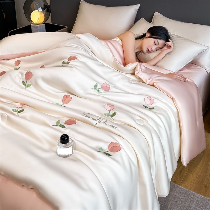 Summer Cooling Comforter Set - 4-Piece Ice Silk Bedding With Embroidery (Lightweight & Breathable, Perfect Gift For Hot Weather)_voghion.com