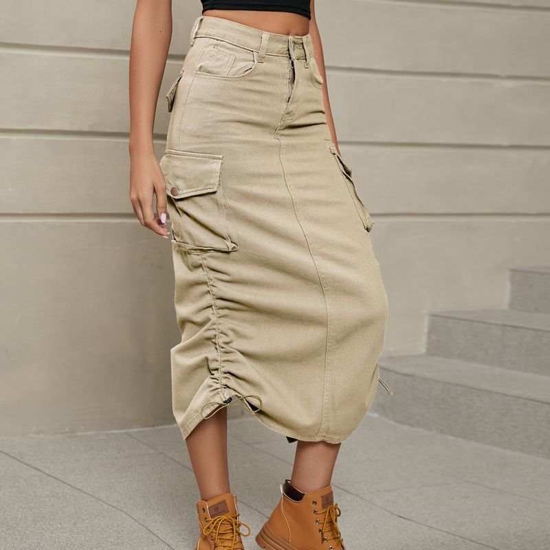 Gonna midi cargo in denim con tasche arricciate, casual e nuova da donna Verve 2025_voghion.com