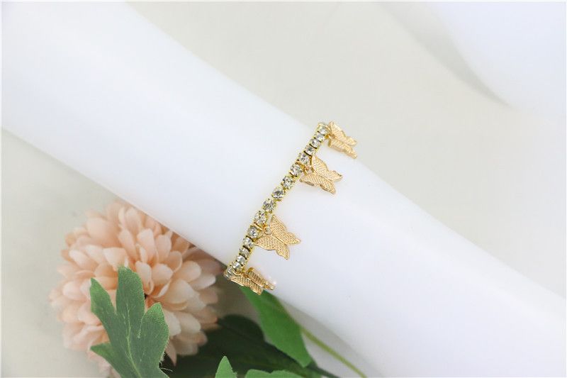 Rhinestone butterfly pendant single row diamond chain anklets_voghion.com