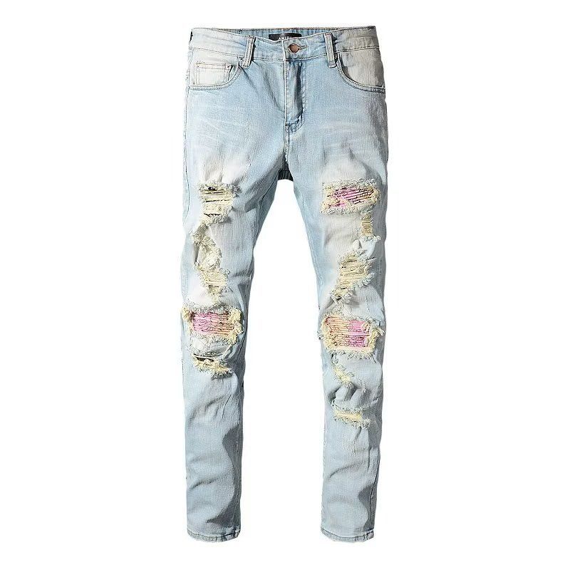 Autumn 2023 High-end Men's Jeans Embroidered Personality Cool Slim-fit Pant Holes Patch Youth Trousers_voghion.com