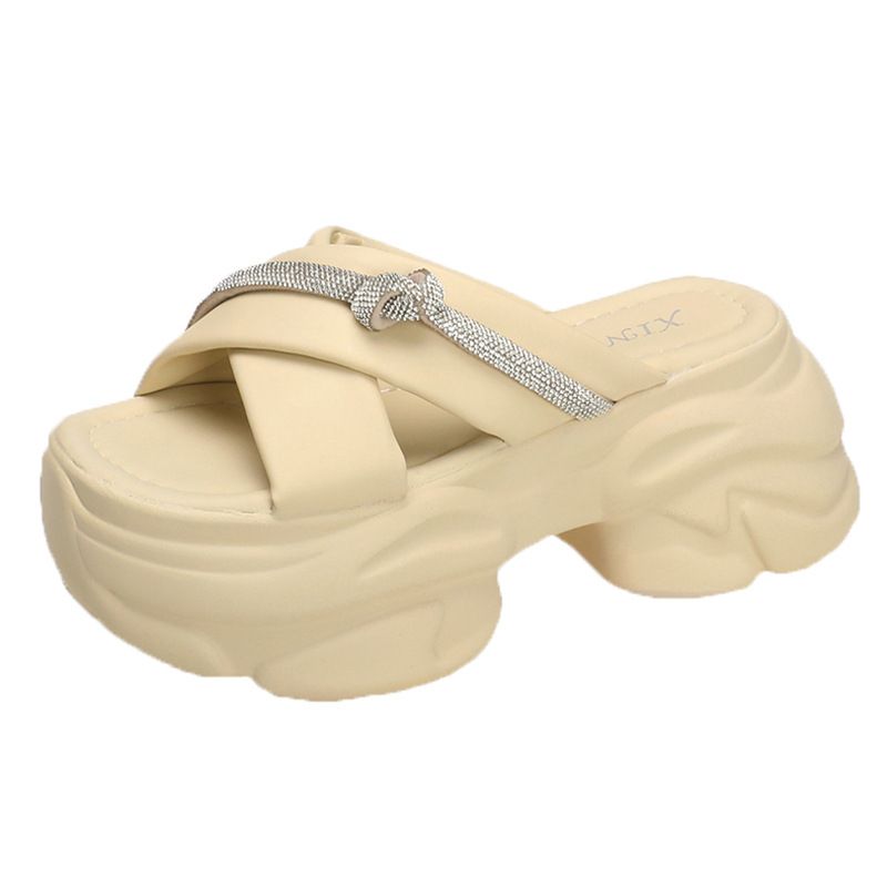 Coole Hausschuhe im Feenstil, lässig, trendig, Sommer, neue koreanische Version, Strass, dicke Sohle, Plateau, runde Zehenpartie, Keilsandalen_voghion.com