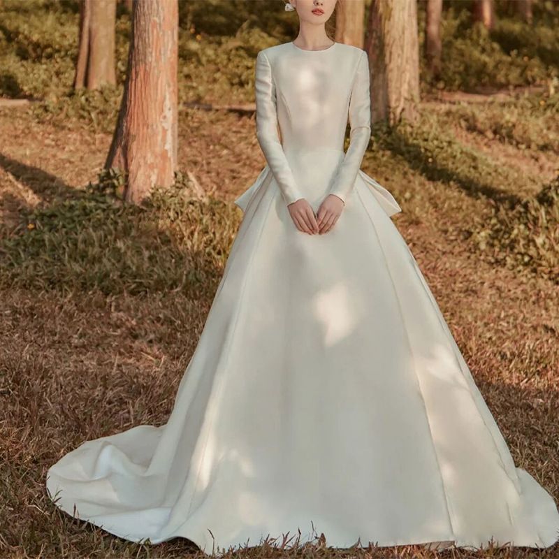 Roupas femininas outono novo estilo Hepburn muçulmano sem costas manga longa cetim cauda longa vestido de noiva fabricante_voghion.com