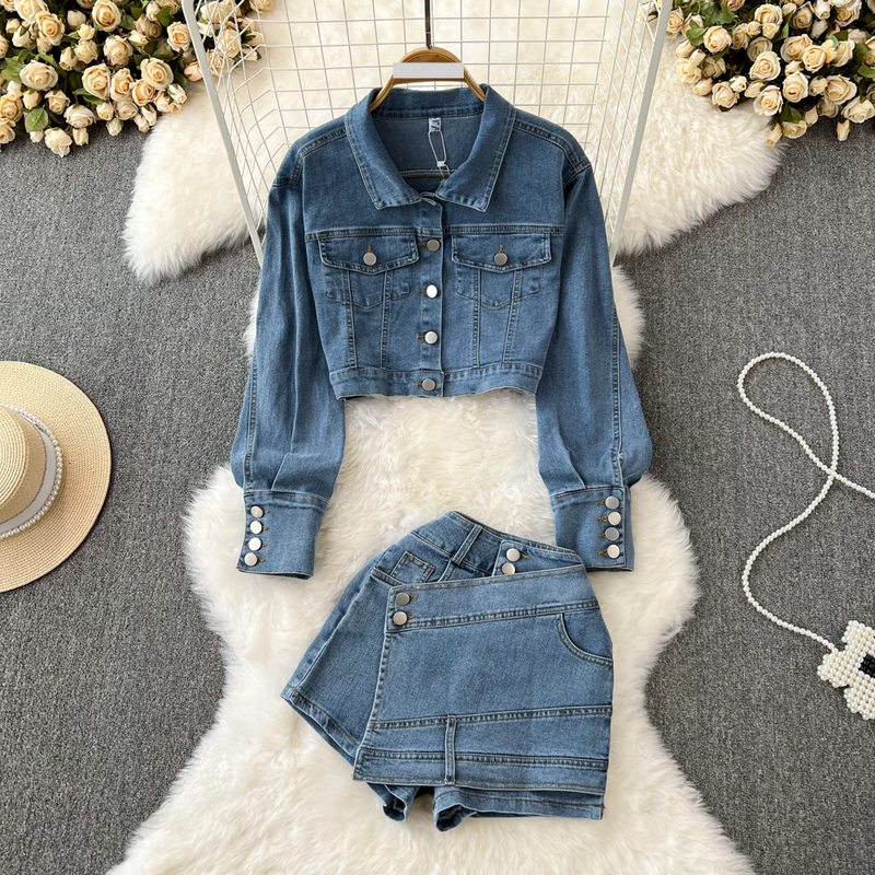 Women's Clothing loose bf high waist short denim jacket two piece suit high waist slim skirt pants_voghion.com