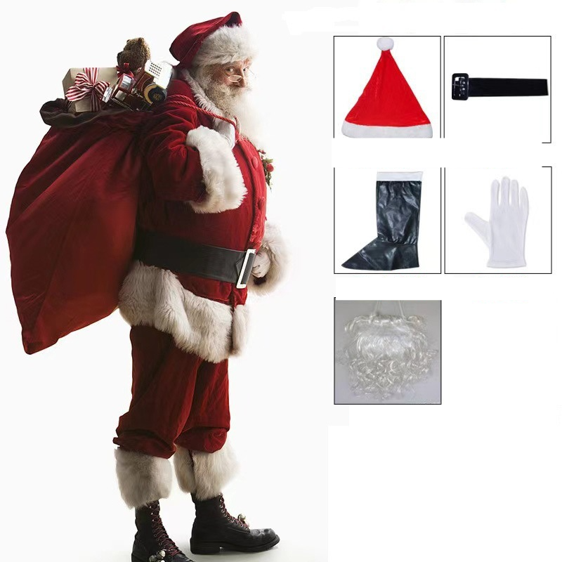 Noel Baba Kostümü Noel cosplay altın kadife takım elbise yetişkin rol yapma performans kostümü_voghion.com