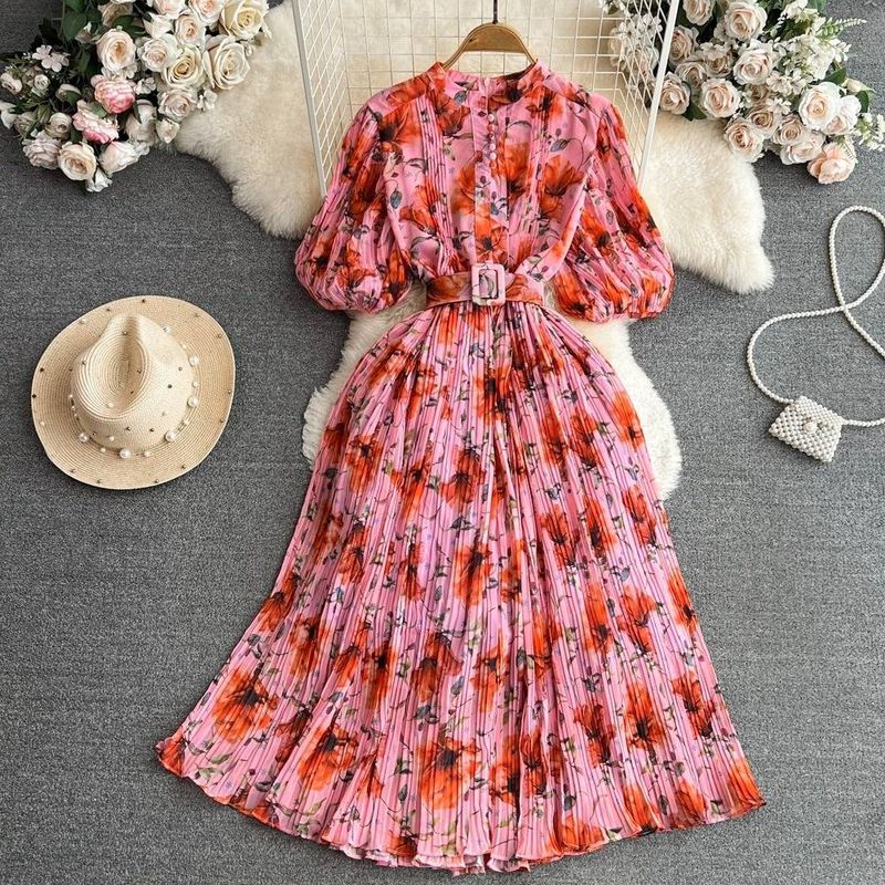 Damenbekleidung Leichtes Luxus-Temperament Kurzarm Rundhalsausschnitt Taille Schlanke A-Linie Bedrucktes Plissee Elegantes Kleid_voghion.com