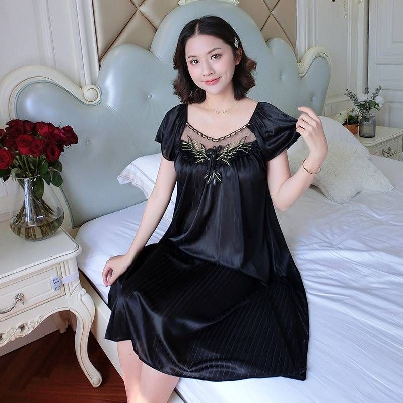 Women Ice Silk Sleepwear Set Nightdress Homewear Nightwear Pyjamas Female Lace Sleepwear V-neck Nightgown Plus Size_voghion.com