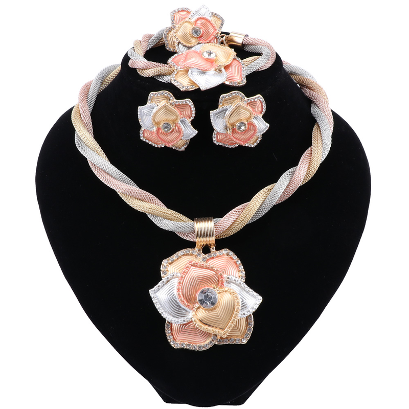 Afrikanesch Bijouset fir Fraen Blummen Kristall Halskette Dubai Gold Statement Kostüm Bracelet Ouerréng Bijouset_voghion.com