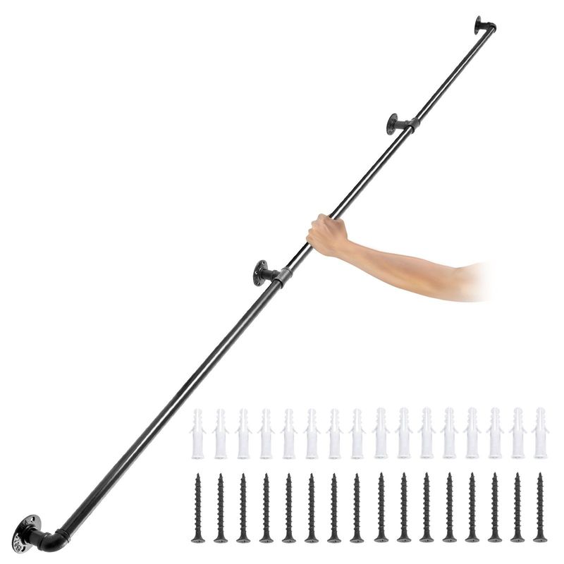 VEVOR Pipe Stair Handrail, 9FT Staircase Handrail, 440LBS Load Capacity Carbon Steel Pipe Handrail, Industrial Pipe Handrail With Wall Mount Support, Round Corner Wall Handrailings For Indoor, Outdoor_voghion.com