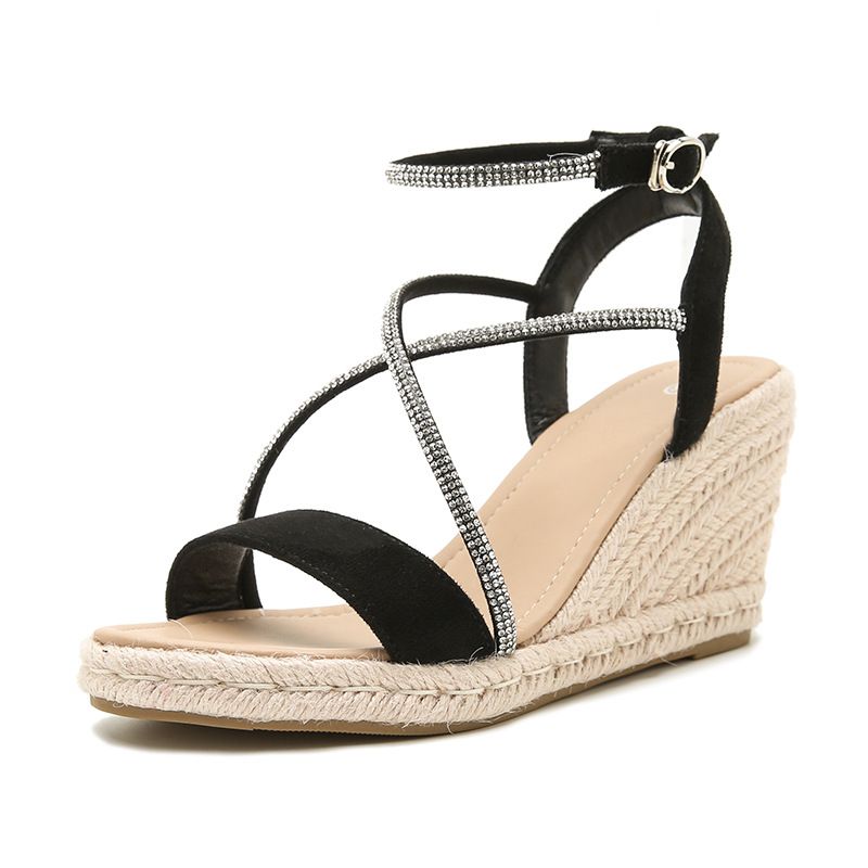Women's Braided Jute Wedge Sandals For Women - Rhinestone Embellished Platform Shoes With Adjustable Buckle_voghion.com