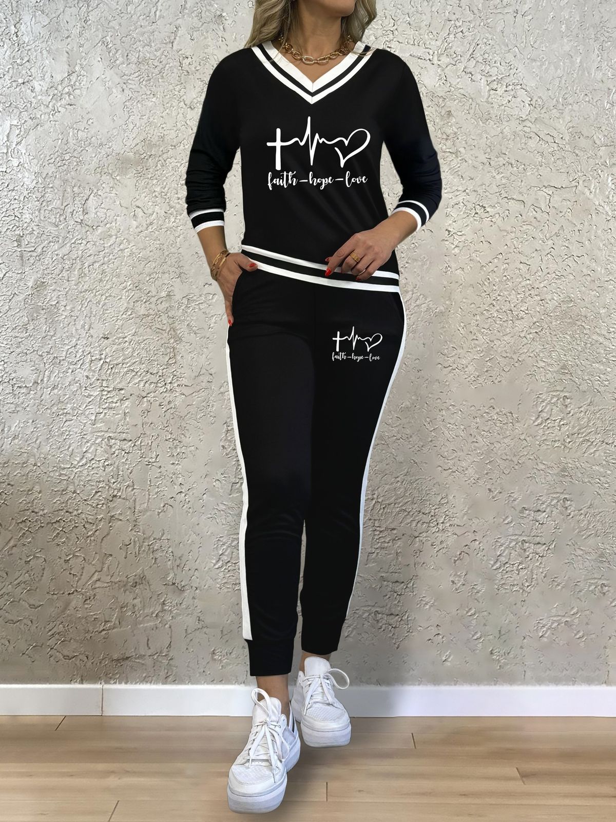 Damenbekleidung Damenanzüge, All Match Printed Patchwork V-Ausschnitt Langarmoberteil mit elastischer Taillentaschenhose, Zweiteiliger Anzug_voghion.com