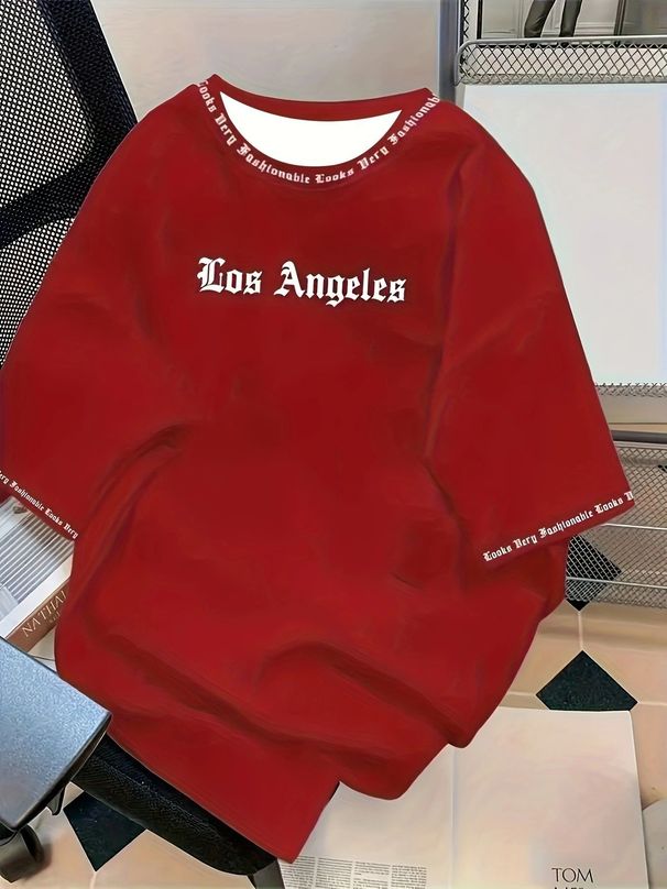 Modes vīriešu apģērbi Losandželosas T krekls ar burtiem ar apaļu apkakli, mīksts un elpojošs, īsām piedurknēm, vasaras ikdienas un ielas modes_voghion.com