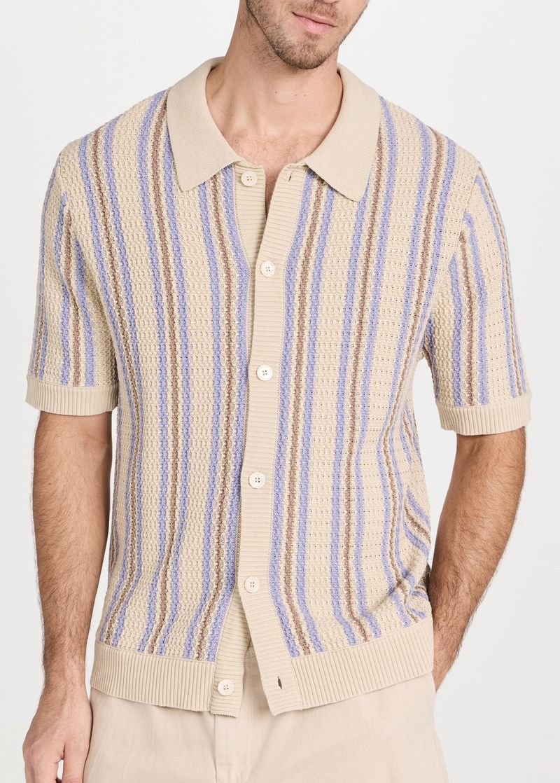 Herren-Strick-Poloshirt mit Revers, mehrfarbig, vertikal gestreift, kurzärmelig_voghion.com