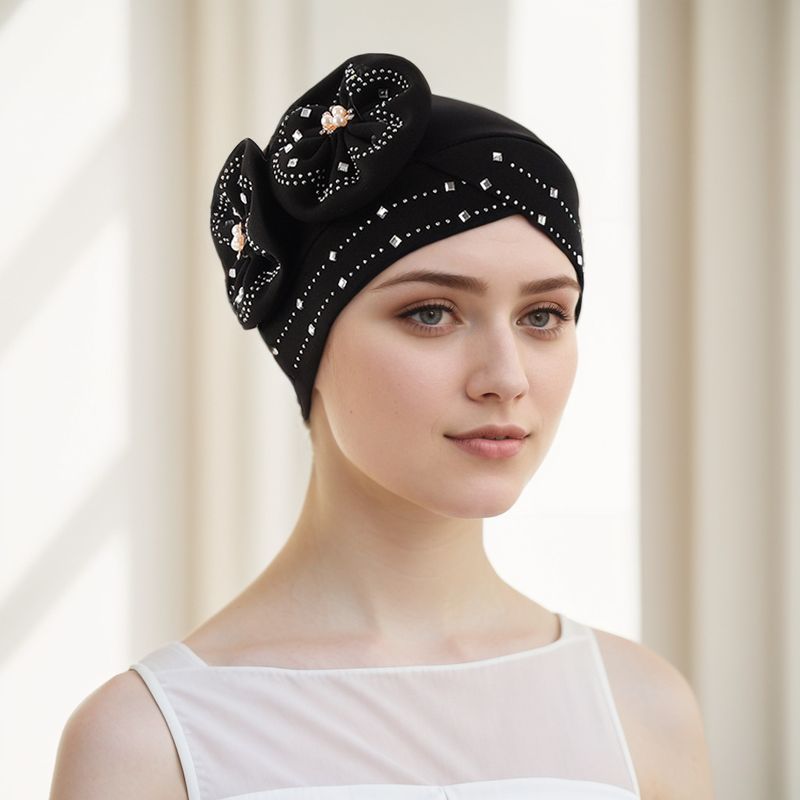 Sombrero Baotou africano con diamantes de imitación y flores en capas, estilo indio y musulmán_voghion.com