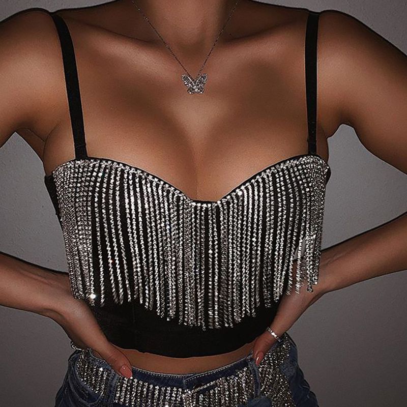 Crop Top Hosenträger Damen Einfarbig Spleißen Helle Diamant Quaste Eingewickelt Brust Ropa De Mujer Ofertas Con EnvíO Gratis_voghion.com