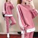 Women's Clothing Two-Piece Sweatshirt Set With Side Slit Pants - Korean Fashion Casual Outfit (Black, Pink, Blue) - Plus Size Available (M-4XL)_voghion.com