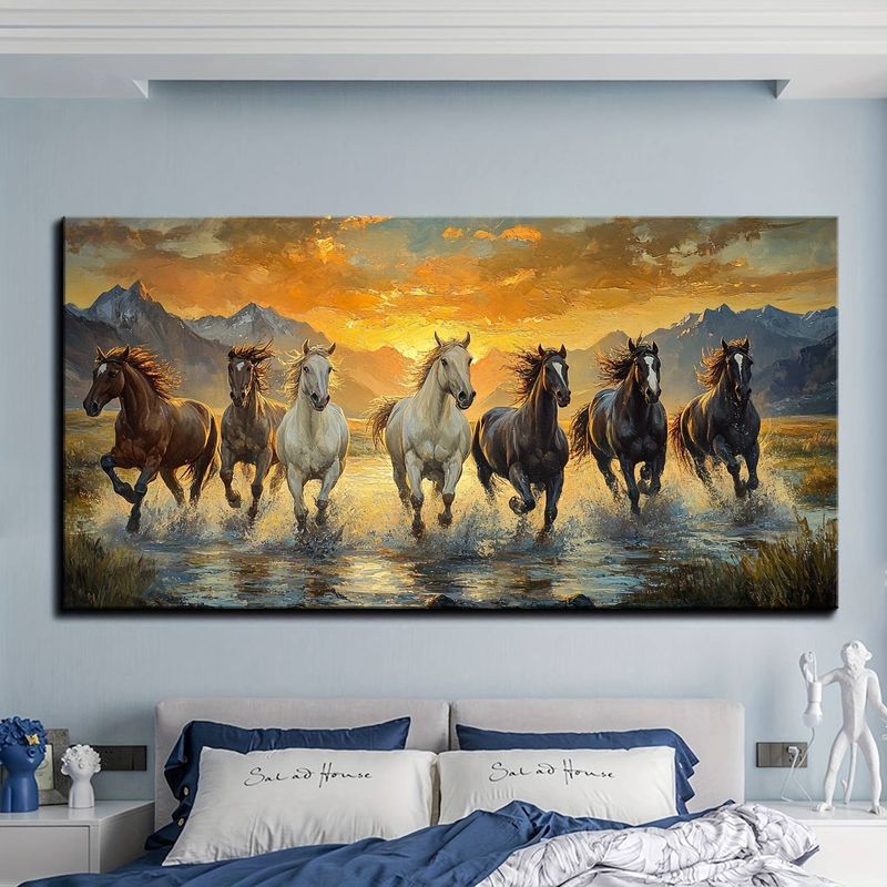 Elegant Feng Shui Seven Horses Wall Art Canvas Prints Painting,Sunset Scene For Living Room, Bedroom, Home Office Decor, Horse Decor_voghion.com