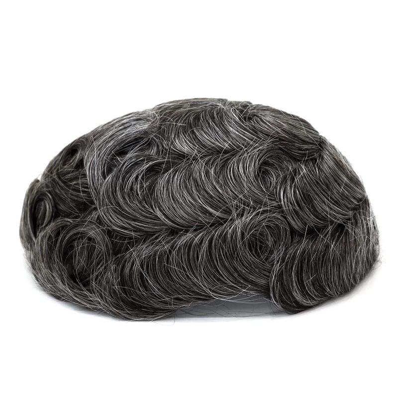Q6 Toupee For Men 100% Human Hair Pieces I French Lace Front Poly Skin Bleached Hair Replacement System Men Wigs Dark Brown With 40% Grey Color #340_voghion.com