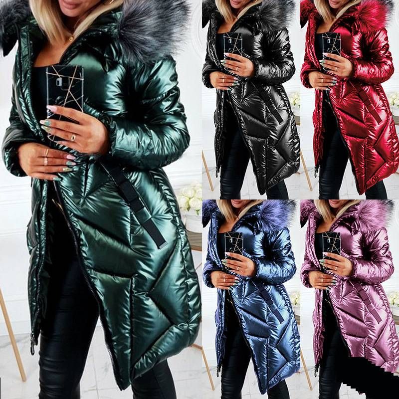 Women's Shiny PU Trench Coat With Faux Fur Hood - Slim Fit Long Winter Jacket, Warm Quilted Outerwear For Cold Weather_voghion.com