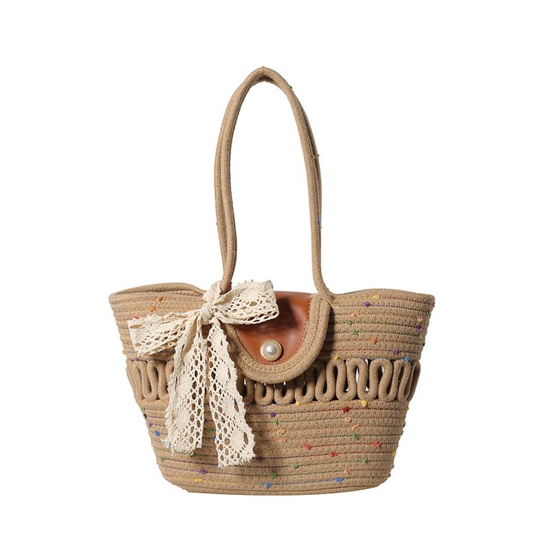 Einschultrige ausgehöhlte Baumwollfäden, neue Sommertasche mit großer Kapazität aus französischem Strohgewebe, Strandtasche für den Urlaub am Meer_voghion.com