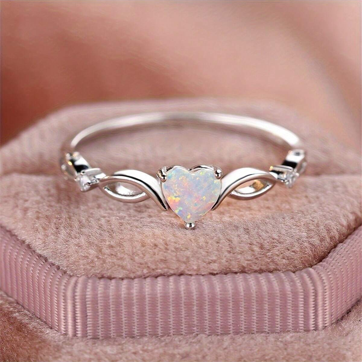 Moda 1 pz Sterg Sier intarsiato brillante opale a forma di cuore, argento o rosa anello dorato per regalo di compleanno_voghion.com