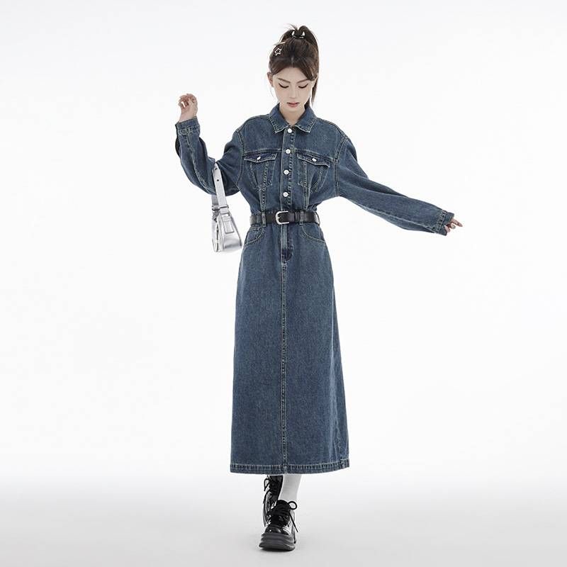 Design street-blasting retro high-waist temperament French long skirt  long-sleeved tassel denim dress for women  no Belt_voghion.com