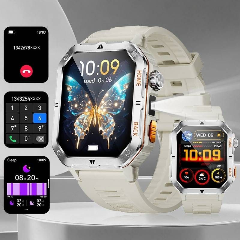Outdoor Smartwatch With Flashlight – 2.01" HD Screen, 3ATM Waterproof, 1000mAh Battery, Heart Rate & Blood Oxygen Monitor_voghion.com