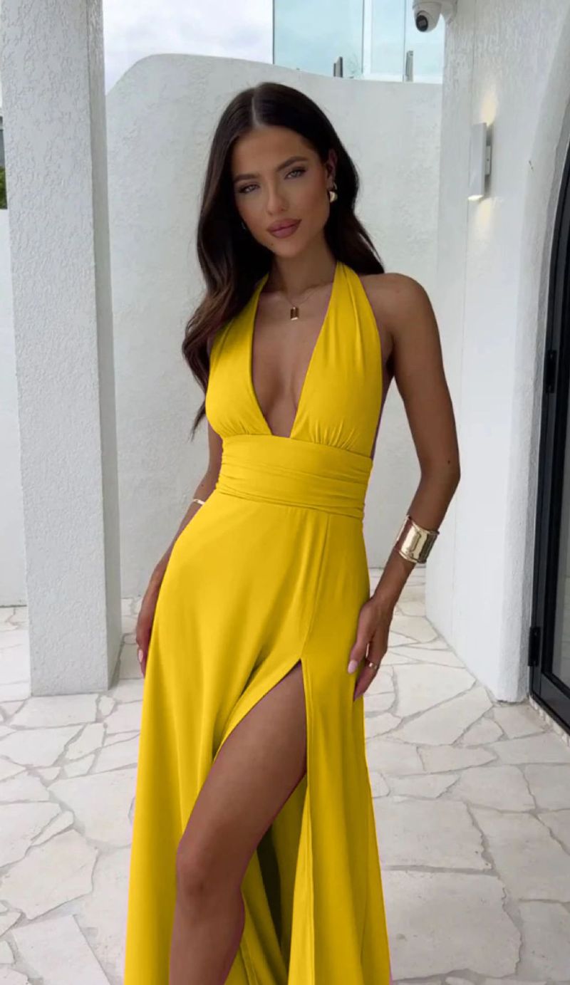 Ubrania damskie Nowa moda wysokiej klasy temperament halter dekolt seksowna rozcięcie sznurowane jednolity kolor sukienka dla kobiet_voghion.com