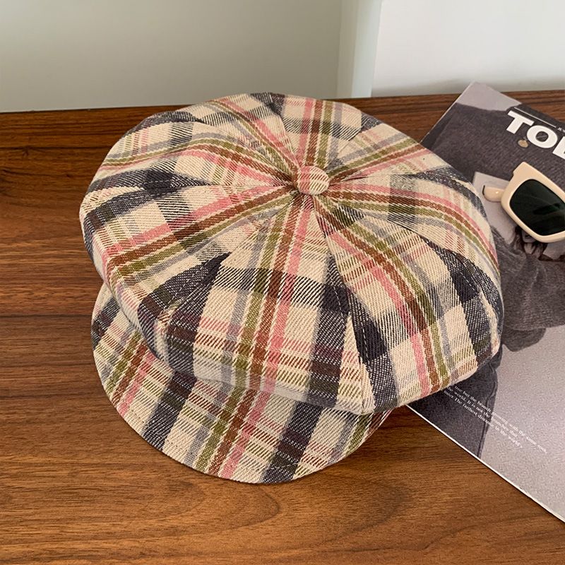 Red Plaid Artist For Women Fashionable Beret Face Slimming Duckbill Cap Large Head Circumference Cloud Versatile_voghion.com