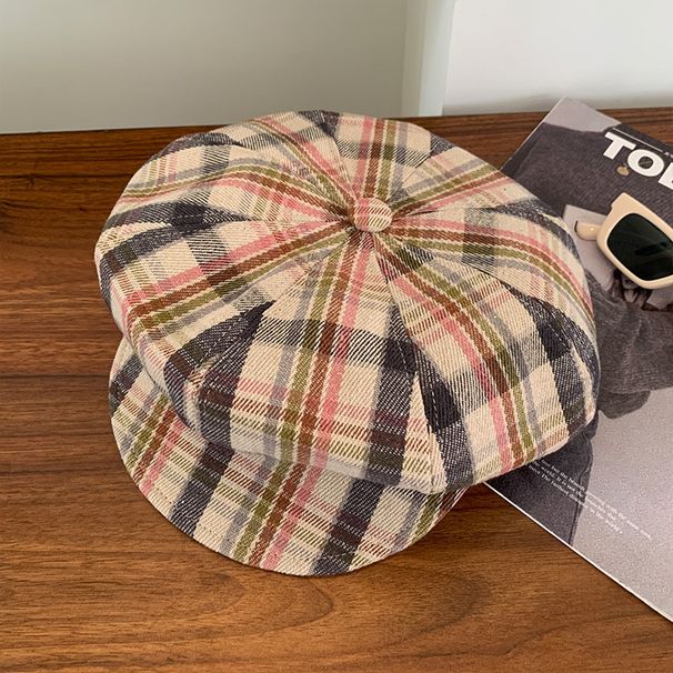 Red Plaid Artist For Women Fashionable Beret Face Slimming Duckbill Cap Large Head Circumference Cloud Versatile_voghion.com