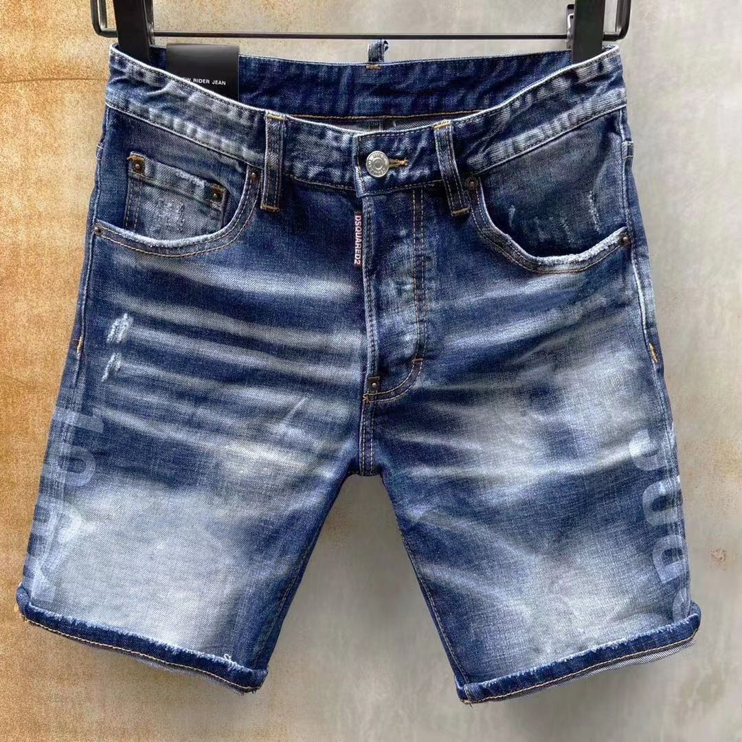 D2 Heren Denim Shorts Vijfpunts Mid-Lengte Laser Watermerk Origineel Open Voorkant Internationaal Station Stretch_voghion.com