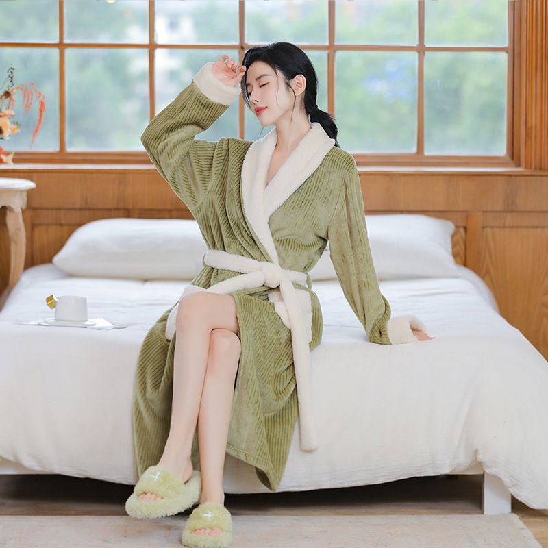 Stripped Flannel, Piled And Thickened Medium And Long Nightgown, Women's Thermal Pajamas, Loungewear_voghion.com